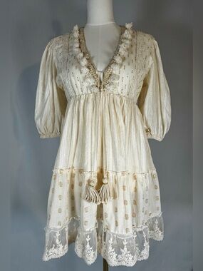 Z&L Boho Tassel V-Neck Swim Coverup Dress in Cream